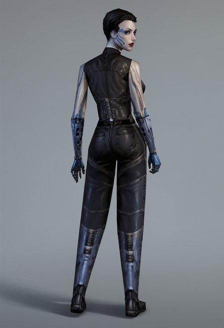 score_9, score_8_up, score_7_up, score_6_up, score_5_up, score_4_up, 1girl, <lora:AnnaNavarre:0.85> , solo, breasts, cyborg, short hair, black hair, robot joints, mechanical parts, mechanical arms, red lips, makeup, bodysuit, pants, latex, boots, robot eye, full body, standing, from behind, looking back, 
(light blue background), simple background,