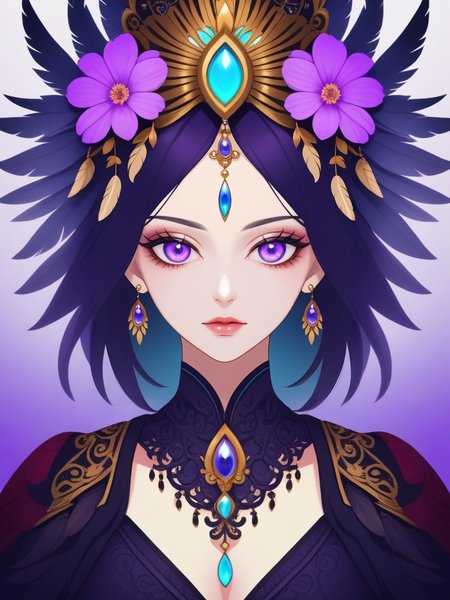 <lora:shiny_style_xl-turbo:1>A mesmerizing digital portrait of a charismatic woman with piercing violet eyes, adorned in an ornate headdress, surrounded by vibrant blossoms and delicate feathers