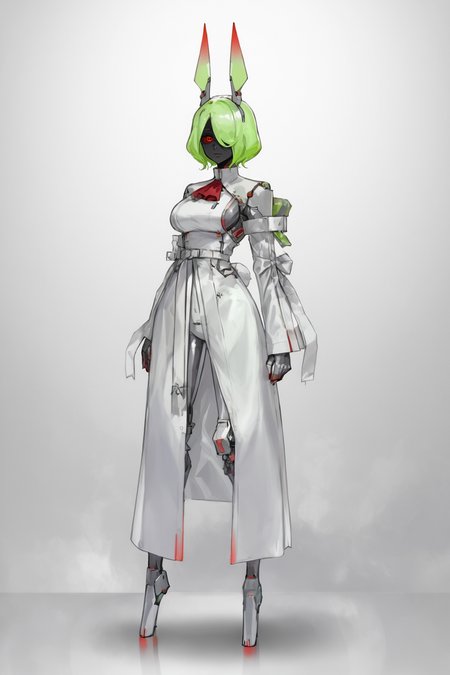 score_9, score_8_up, score_7_up, score_6_up, score_5_up, score_4_up, BREAK, source_anime, solo, 1girl, rating_safe, ((mature female)), ((long green flowing hair)), mechanical parts, (big backwards folded mechanical rabbit ears), mature female, (bunny ears), (animal ears), subdermal port, ((milf, mature female, big breasts)), hexagon lines in skin, naval uniform overcoat, naval uniform, white military uniform, dress_uniform, ribbons, ((red eyes)), bunny tail, rabbit tail, aiguillette, ((green hair)), ascot, ((Eye-level angle (from the side) view Close shot (focus on waist))), latex pilot suit, shoulder cutout, bunny rabbit Tail, ((hair over one eye, )), digitigrade, clawed feet, minimal clothes, ((metal skin, shiny skin, vampire aesthetic, digital eyes, filled eyes, monochromatic eyes, glowing eyes, colored sclera, red sclera, mechanical eyes, partially shaded face, )), <lora:ECHANIS:1>, <lora:bodysuit_pony_V1.0:1> bodysuit, unzipping,unzipped