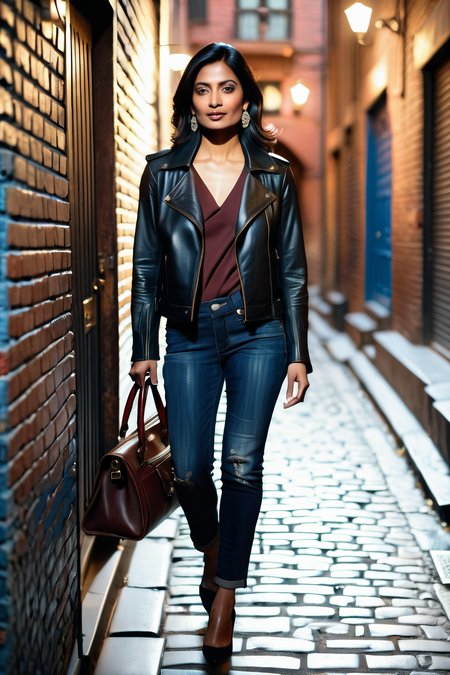 majmilfaa A hyper-realistic cinematic street photo of a stylish Indian woman in her mid 40s standing confidently at the edge of a narrow brick alleyway at night. She has a mature, elegant appearance with subtle signs of aging—fine lines, natural skin texture, and a composed, experienced expression. Her shoulder-length black hair is neatly styled, slightly tousled by the breeze. She wears a fitted black leather motorcycle jacket over a blue V-neck shirt, paired with high-waisted, slightly distressed denim jeans. In her hand, she carries a large, high-quality brown leather travel bag. The alleyway is paved with uneven stones and lined with red brick buildings, blue accents on doors and trim, and a mix of light and shadow. Moody lighting and shallow depth of field emphasize the atmosphere, with a cinematic urban storytelling vibe. Shot with a full-frame DSLR, high dynamic range, and soft contrast.
