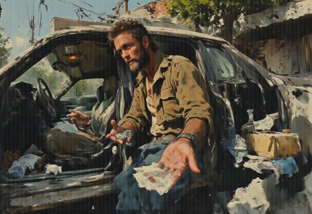 A bearded man in a slightly disheveled state, their hand clutching a crumpled shopping list and a set of car keys, standing beside a parked car with the door open. The car's interior reveals a mess of empty fast-food bags, loose change, and shopping receipts scattered across the seats. The individual, dressed in casual attire, has a furrowed brow and a calculator in their other hand with a half-typed number on its display. They are paused in mid-step on the pavement, as if they had just realized something urgent. In the background, the setting sun casts long shadows, hinting at the end of a long day filled with errands. The person's gaze is fixed on a wallet open in their palm, which holds a few bills and a handful of coins. The scene is framed by the car's side mirror, which reflects the worried expression on their face, magnifying the tension of the moment. The overall atmosphere is one of realization and concern, as the individual confronts the reality of their financial situation amidst the chaos of their daily routines.