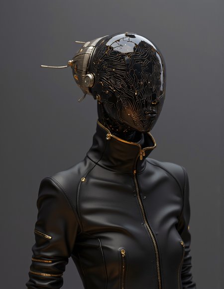 Daniel Hahn art. high-resolution photograph.
A high-quality CGI image depicting a futuristic, metallic humanoid figure with a glossy black helmet. The helmet's surface is cracked, revealing an intricate, glowing circuitry pattern beneath, creating a stark contrast. The figure is dressed in a sleek, black leather jacket with gold accents, zippers, and a high collar, giving it a cyberpunk aesthetic. The background is a plain, gradient grey, ensuring all focus remains on the subject. The lighting is artificial, casting soft highlights and shadows, enhancing the metallic textures. The composition uses symmetry, with the figure centered and the helmet's cracks creating leading lines that draw the eye inward. The depth of field is shallow, with the background blurred to emphasize the detailed foreground. The overall aesthetic is very high, with a polished, professional finish.