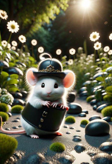 ral-fluff,<lora:ral-fluff:1>,
chibi,masterpiece,best quality,original,official art,black metallic fantasy mice,hat,flower,blurred background,rendering,beautiful detailed glow,(detailed ice),beautiful detailed water,sunny, blurred flower, happy