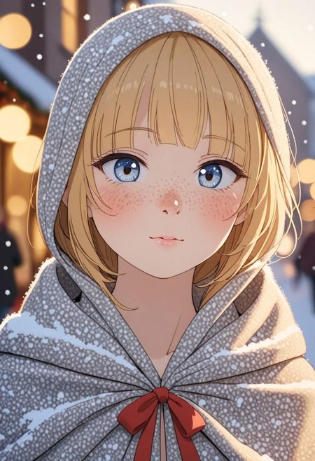 (Blondie:1.0),photograph of a cute adult girl, blonde hair, pale skin, freckles, blush, innocent, petite and youthful face, silver blue eyes, wearing a cloak, city christmas festival, snowfall, Porta 160 color, shot on ARRI ALEXA 65, bokeh, sharp focus on subject, shot by Don McCullin, nsfw, (natural skin texture, hyperrealism, soft light, sharp), (perfect round eyes:1.3), Capture the essence of her beauty, Enrich the composition with soft, diffused natural light that accentuates the textures and colors, creating a timeless and culturally rich image, EyeDetail-SDXL, fFaceDetail-SDXL