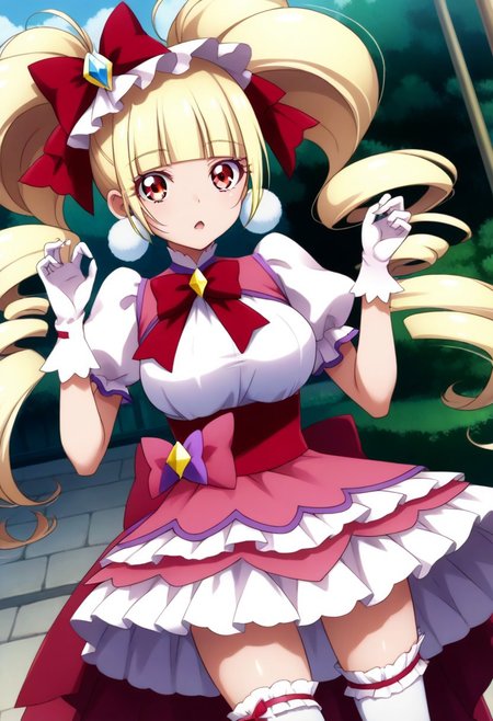 score_9, score_8_up, score_7_up, source_anime, (nsfw1.0), BREAK, 
curemacherie, cute 1girl, (large breasts), skinny body, (short stature:1.5), red eyes, blond hair, twintails, 
pink clothes, pom pom earrings, pink ribbon, white gloves, frilled thighhighs, puffy sleeves, layered dress, mini skirt, porch, wrist bow, jewelry, 
shiny skin, 
expressionless, small open mouth, 
any pose, s-shaped pose, looking at viewer, 
angle:random, 
background:random,