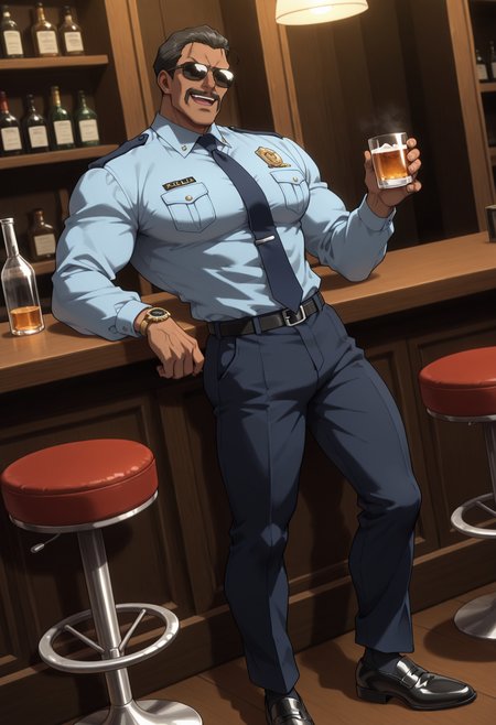 BREAK anime color,dutch angle,from_side,full_shot,(solo),1boy,male focus,
full-length portrait,standing,holding cup,vodka,
masculine face,daddy looking face,masculine,wrinkle,Villain,thug,
Abrego,Black hair,eyes,sunglasses,mustache,<lora:Abrego__Black_Lagoon:0.8>,
glaring,seductive_smile,open mouth,
police_uniform,dark blue pants,light blue shirt,dark blue tie,formal attire,long_sleeves,large leather shoes,pure black socks,
tlarger men,Big body,broad shoulders,stocky_body,big muscule,
Dark skin,Muscled,narrow waist,toned body,
large pectorals,
detailed face,detailed body,perfect anatomy,
masterpiece,best quality,amazing quality,
k0n0hanaya,<lora:-Konohanaya:0.4>,
Hotcha,<lora:hots_r1:0.2>,<lora:cfg_scale_boost:0.2>,<lora:NAI_QualityV1.1:0.4>,<lora:add-detail-xl:0.7>,
multicolored_background,bar,men's watch,