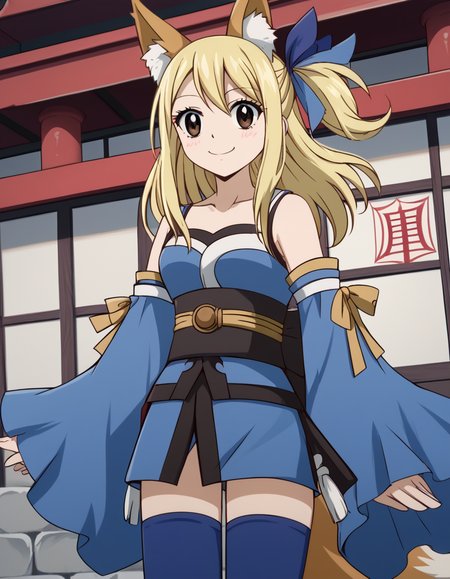 score_9, score_8_up, score_7_up, source_anime, lucyheartfilia, <lora:lucy-heartfilia-s7-ponyxl-lora-nochekaiser:1>, lucy heartfilia, blonde hair, brown eyes, long hair, one side up, ribbon, hair ribbon, blue ribbon,, <lora:tamamo-no-mae-cosplay-ponyxl-lora-nochekaiser:1>, tamamonomaecosplay, tamamo no mae \(cosplay\), animal ears, bare shoulders, blue kimono, blue thighhighs, detached sleeves, fox ears, fox tail, japanese clothes, kimono, obi, sash, collarbone, thighhighs, wide sleeves,, shrine, smile, blush,, cowboy shot, dutch angle, solo,