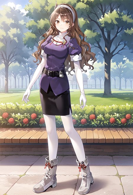 full body, standing, park,   <lora:KC_03HC_ashigara_pony:1> ashigarakc, brown_hair, long hair, wavy hair, headband, brown eyes, medium breasts,         ashigaradefkc, shirt_short_sleeves, purple shirt,  white gloves, elbow gloves, black belt, black skirt, pencil skirt, white pantyhose, grey boots,, score_9,score_8_up, score_7_up, source_anime, masterpiece, best quality,  official art, official style, game cg, megami magazine, rating_safe, rating_questionable, <lora:Fixhands_anime_bdsqlsz_V1:0.75>, NEGATIVE_HANDS