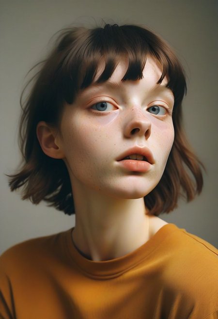 A photo Luce Doe, a 25 year old woman.  Short boyish hair, black hair. Posing in the studio. Soft studio lighting. 
Detailed, emotional face.
(detailed skin, pores, sweat, rosacea, blemishes, acne, freckles, imperfections, tan (moles-)), detailed eyes,
 style of Caravaggio.
Hasselblad, Kodak Ektar 100