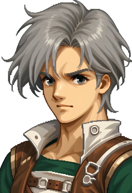 score_9, score_8_up, score_7_up, source_furry, fe4portraits, portrait, white background, pixel art,  natgra2, gray eyes, short hair, silver hair, green shirt, brown leather vest, silver belts, white gloves, silver chest plate,