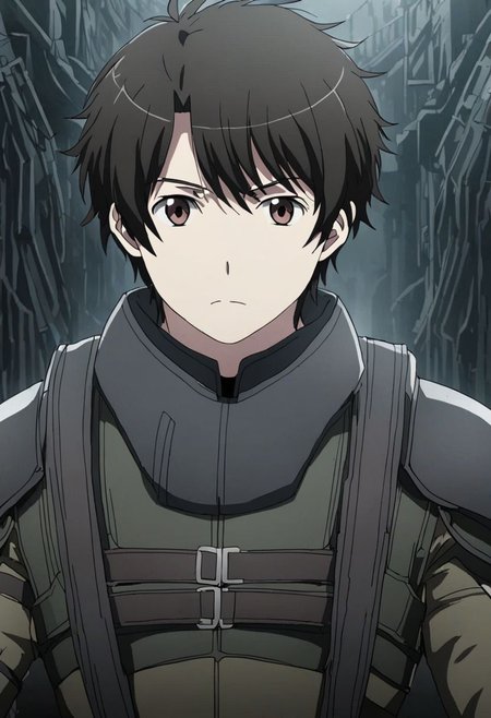high resolution, solo, best quality, 1Boy, Inaho Kaizuka, Black Hair, Brown Eyes, dystopia, serious looking, armor, fantasy, OverallDetail