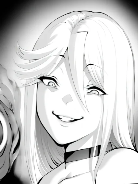 masterpiece, best quality,amazing quality, solo female, solo focus,
 <lora:パラダイスヘル_Manga_Character_Illustrious:1>,mangafemale1, monochrome, greyscale, hair between eyes, long hair, choker, swept bangs, evil smile, 1girl, standing, looking at viewer,