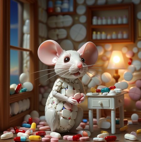 mouse in room with pills, beautiful lighting and framing, a very detailed masterpiece, 3d <lora:pills:1.2>