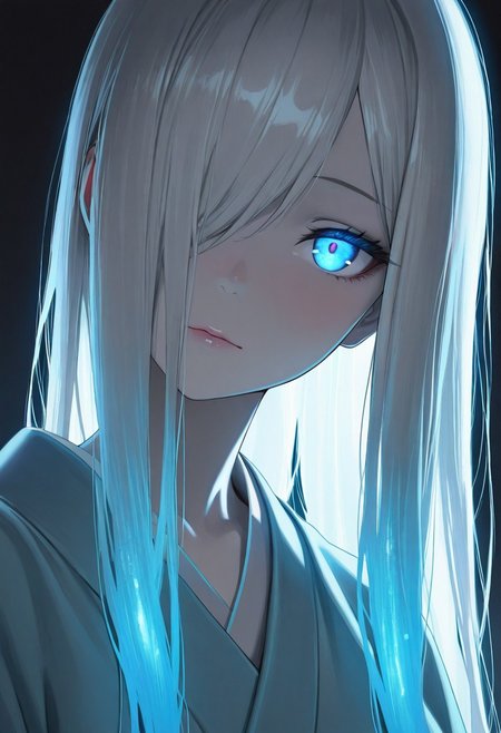 masterpiece,best quality,amazing quality, anime,
1girl, solo, A close-up of a serene anime girl with pale skin, colored skin, (white skin:1.3, long glossy white hair with bangs, long white hair, hair combed over one eye, glowing blue eyes with a hypnotic effect, soft warm lighting, wearing a light blue kimono, mysterious and cozy atmosphere, detailed hair texture, cinematic lighting, dark background, ultra-detailed, 8k resolution