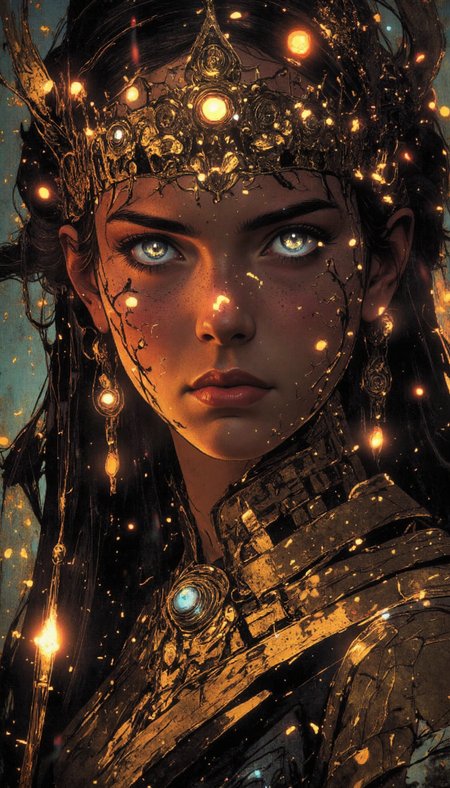 crayon,glow,  A  portrait of a maiden adorned with ornate,  Byzantine-inspired jewelry. Capture her in a moment of quiet contemplation, her cerulean eyes reflecting the ambient luminescence of an imagined dusk setting. Render her with hyperrealistic detail,  emphasize the interplay of light and shadow on her visage, and the intricate craftsmanship of her golden ornaments. Utilize a shallow depth of field to blur the background, suggesting an ethereal dreamscape reminiscent of pre-Raphaelite aesthetics.