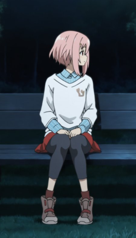 masterpiece,best quality,amazing quality,
<lora:yoshinokoharuNAI:1>,yoshinokoharu,
1girl,solo,pink hair,short hair,yellow hairpin,bangs,red eyes,white pullover,blue shirt,red skirt,black legwear,brown sneakers,full body,looking to the side,sitting,on bench,hands on legs,outdoors,nights,grass,