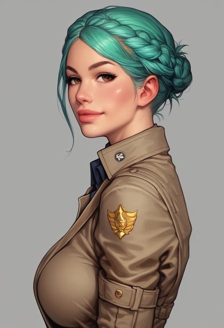 ((((side view))))
beautiful color, aesthetic, 2d,
(zeon pilot:1.3), ((khaki suit)), 
solo, standing, (battleground, explosions:1.5)
1girl, cute face, modest smile
((turquoise hair, folded in french braid, long side bang hairstyles)), 	
big natural breasts, 
focused, looking at viewer,
(((full-clothed))), dynamic pose
BREAK 
score_9, score_8_up, score_7_up, score_6_up, source_cartoon, rating_explicit, Expressiveh, (((((upper body))))), dynamic pose