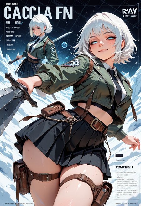 highres, very detailed, amazing quality, masterpiece,
very aesthetic,
particle effect,
1girl, detailed face, freckles, holding sword, oversized weapon, engraved, chains, fusion, green jacket, belts, black tie, black skirt, pleated skirt, jacket, midriff, puches, thigh pouch, white hair, 
looking at viewer, curvy, seductive smile,
action pose, dynamic angle, dynamic pose, 
Close up, depth of field, ray_tracing, cowboy shot, motion blur, foreshortening, cyberspace, surreal, very aesthetic, glacier,
multiple views sheet, reference sheet, character profile, character chart, multiple views, turnaround, stats, notes, zoom layer,
