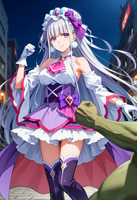 fcx, source_anime, uncensored, anime, flat color, detailed background, contrapposto, <lora:Expressive_H-000001:0.6>, Expressiveh, <lora:cureamour.pony:1>, cureamour, large breasts, headdress, purple dress, ascot, bare shoulders, wide sleeves, layered dress, detached sleeves, purple pom pom earrings, white gloves, thighhighs, knee boots, fighting stance, fist, smile, closed mouth, 1girl, 1boy, outdoors, city, monster, green-skinned orc, looking ahead, upper body, battle