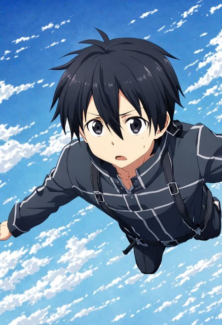 high resolution, solo, best quality, 1Boy, Kazuto Kirigaya, Black Hair, Black Eyes, free fall, sky , OverallDetail
