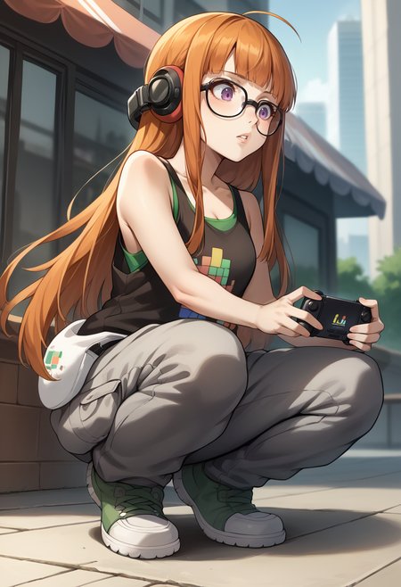 score_9, score_8_up, score_7_up, source_anime, BREAK 1girl, squatting, full body, playing games, game boy, parted lips, looking down, <lora:zs_FutabaXL:1> futabasummer, orange hair, long hair, blunt bangs, glasses, ahoge, purple eyes, behind-the-head headphones, black tank top, grey cargo pants, outdoors, city, cafe