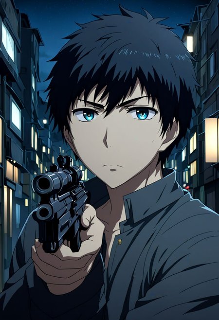 high resolution, solo, best quality, 1Boy, Arata Kaizaki, Black Hair, portrait, midnight, dim street lights, mysterious, threatening, weapon, aiming the weapon to the viewer, OverallDetail