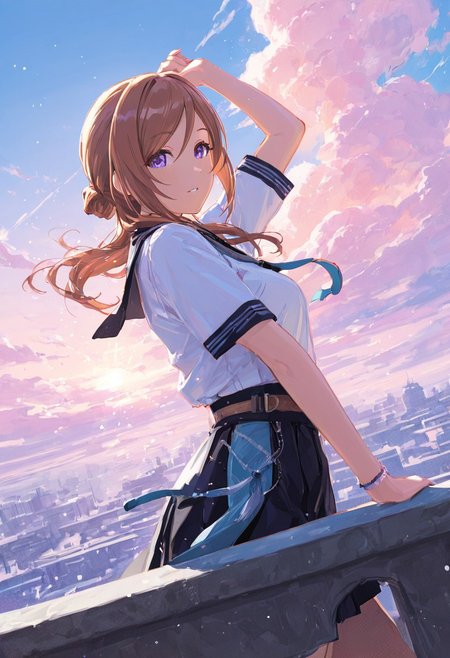 sketch, detailed shadowy lines, colours, strong visual flow , atransparency and melancholic atmosphere, very awa, screentones,  Pale tone colors, klskx, gakumas, 1girl, solo, rinami , school uniform, sitting on wall top,upper body,sky, cloud, BREAK styling pose, fashion pose, sexy posing, dynamic angle, abstract, abstract background, stunning environment, bloom, soft lighting,  extremely cinematic lighting, luminous bright design, glowing , subsurface scattering, atmospheric BREAK perfect details, masterpiece,best quality, ultra-detailed, best illustration, best shadow, absurdres, very aesthetic, detailed background,