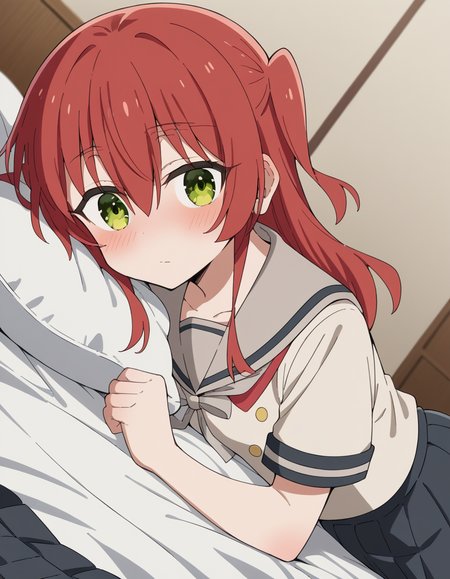 score_9, score_8_up, score_7_up, source_anime,
kitaikuyo, <lora:ikuyo-kita-s1-ponyxl-lora-nochekaiser:1>,
ikuyo kita, green eyes, hair between eyes, long hair, one side up, red hair,
black skirt, grey sailor collar, pleated skirt, sailor collar, school uniform, short sleeves, shuka high school uniform, skirt,
indoors, bed, bed room, on side, blush, drunk,
cowboy shot, solo, dutch angle, looking at viewer,