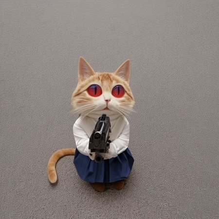 absurdres, highres, best quality, masterpiece, very aesthetic, newest, year_2024, year_2023, year_2022,source_photo,photo,realistic,cinematic,no humans,1girl, Neco Arc, blonde hair, red eyes, slit pupils, cat ears, :3, cat tail, turtleneck, white shirt, blue skirt, pleated skirt, pantyhose, brown footwear,outdoors,holding gun,sidewalk,town