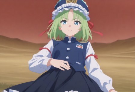 1girl, solo, solo focus, highres, absurdres, shikieiki, green hair, frilled hat, blue eyes, blue headwear, short hair, bangs,
long sleeves, black skirt, white shirt, blue vest, red ribbon, epaulettes, small breasts, arm ribbon, buttons, 
looking at viewer, lying, on back, 
spider lily, flower field, night sky, red sky, dark, red theme,