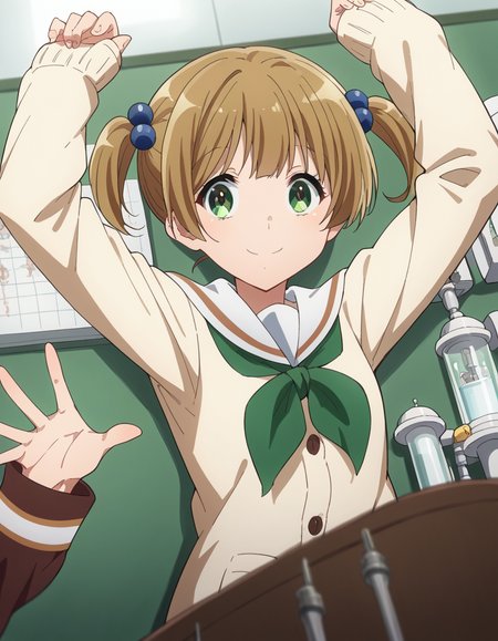 score_9, score_8_up, score_7_up, source_anime, <lora:satsuki-suzuki-s3-ponyxl-lora-nochekaiser:1>, satsuki suzuki, short hair, bangs, brown hair, hair ornament, twintails, green eyes, light brown hair, hair bobbles,, long sleeves, school uniform, serafuku, sailor collar, neckerchief, sleeves past wrists, cardigan, white sailor collar, kitauji high school uniform, green neckerchief, skirt, pleated skirt, brown skirt,, laboratory, beakers, microscope, scientist, experiments, smile, on back, arm support, arms up, incoming hug, pov, reaching, reaching towards viewer,, looking at viewer, solo,, dutch angle, cowboy shot