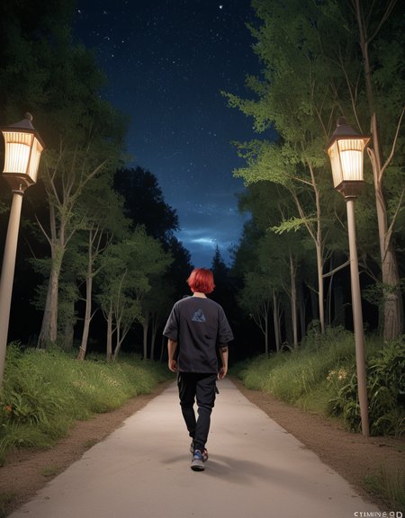 zPDXL2, <lora:TechwearV2:1>, t3chwear, 
1boy, detailed eyes, beard, short red hair, walking on a forest path at night, night sky, viewed from behind