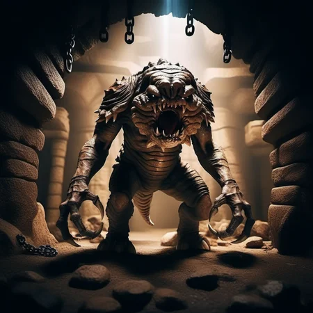 cinematic photo a full body portrait monster, claws, sharp teeth, cave, chains  <lora:Rancor1024:0.8> . 35mm photograph, film, bokeh, professional, 4k, highly detailed
