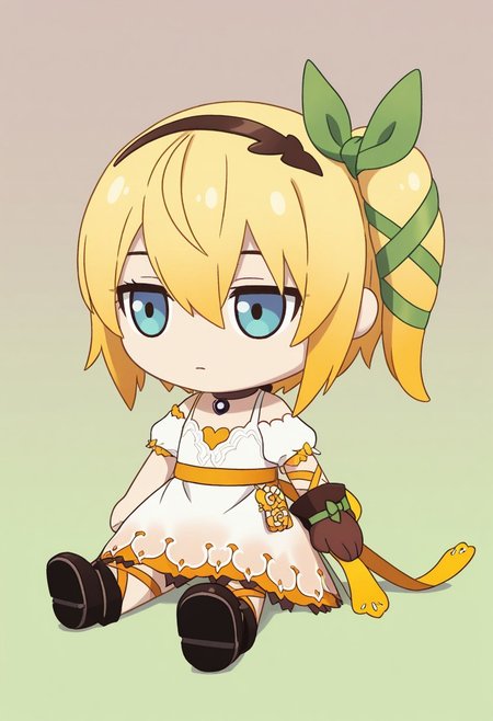 masterpiece, best quality, amazing quality, intricate detail, highly detailed, absurdres, edna (tales), blonde hair, gradient hair, white dress, yellow ribbon, brown hairband, hair ribbon, green ribbon, blue eyes, single glove, brown glove, side ponytail, brown choker, flat chest, short hair, lace, character doll, emotionless, gradient background, green background, brown background, chibi, sitting, full body