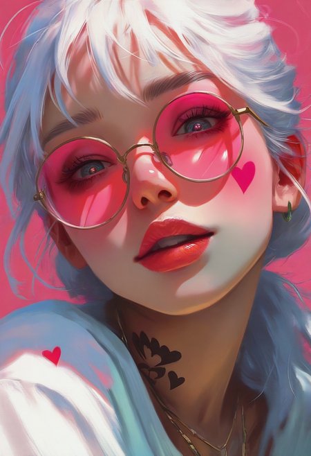 Femmes_ST, masterpiece, best quality, very aesthetic, high resolution, ultra-detailed, absurdres, newest, extremely detailed eyes, painterly, vibrant colours, pink filter,close-up portrait, 1 girl, shirt, jewelry, pink colours, heart blush, tattoo, necklace, ((white hair)), white shirt, parted lips, ((round eyewear)), in lush style