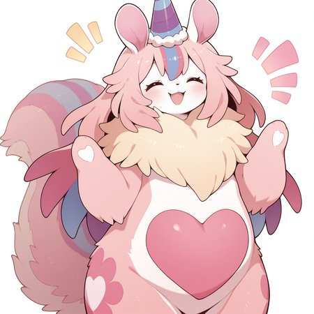 melffy mommy, solo, closed eyes, white background, open mouth, simple background, no humans, party hat, smile, blush, heart, ^^^, facing viewer, standing, animal focus, pink fur, animal nose,
masterpiece,best quality,amazing quality,very aesthetic,absurdres,newest,<lora:Melffy Mommy illuXL v1.1:0.75>,
