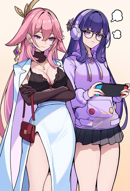 masterpiece, best quality, newest, absurdres, highres, <lora:YaeMiko_illusXLNoobAI_Incrs_v1-000013:1>, animal ears, floppy ears, pink hair, hair between eyes, purple eyes, medium breasts, hair ornament, earrings, jewelry, white cape, black bra, cleavage, necklace, black gloves, elbow gloves, white jacket, shirt, long skirt, white skirt, smile, handbag, crossed arms, 
<lora:RaidenShogun_illusXLNoobAI_Incrs_v1.1:1>, rdenShgunAnv, purple hair, sidelocks, purple eyes, glasses, bespectacled, headphones, hair ornament, purple hoodie, hood down, drawstring, long sleeves, necklace, jewelry, bag, pleated skirt, black skirt, contemporary, casual, nintendo switch, handheld game console, gaming, annoyed, side-by-side,