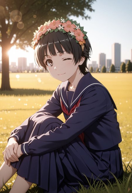 masterpiece,best quality,absurdres,highres,very aesthetic,high quality,detailed,insanely detailed,beautiful,perfect lighting, ,depth of field,blurry background,bokeh, looking at viewer, 
 <lora:Uiharu Kazari:1> 1girl, short hair, black hair, brown eyes, head wreath, sakugawa school uniform, winter uniform, blue serafuku ,red neckerchief blue sailor collar, blue skirt, blue shirt, long sleeves, long skirt
sitting, grass, hugging own legs, looking at viewer, from side, tree, field, city, wink, hand on hip,