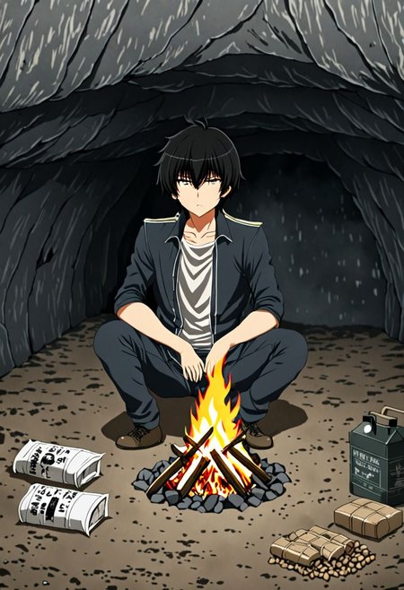 high resolution, solo, best quality, 1Boy, Seiya Kanie, black hair, short hair, thin, cave, bunker, field Ration, bonfire, OverallDetail