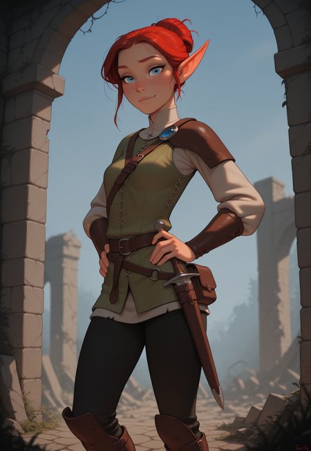 masterpiece, best quality, amazing quality, very aesthetic, DISNEY_ANIMATION, incoth, (incase:0.6), female, solo, (depth of field), medieval setting, ruins, day time, face focus

elf, red hair, blue eyes, cute face, slender, small breasts, updo hair, short elf ears, short ears

leather armor, dagger in scabbard, satchel, black pants, leather boots,

adventurer exploring ruins, looking at viewer, hands on hips, close up