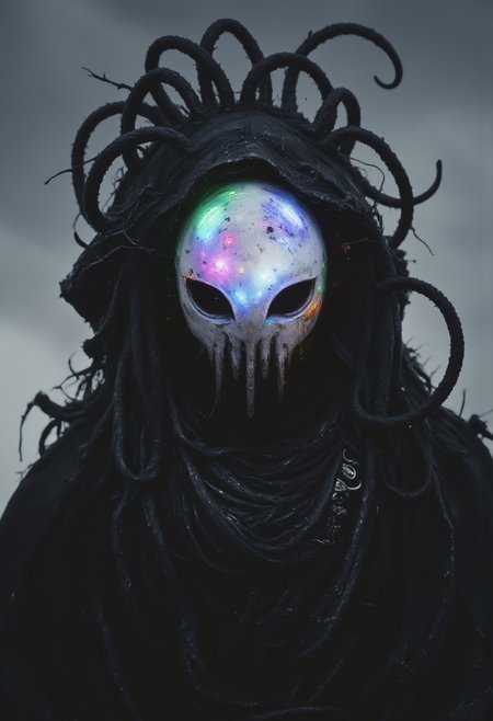 A monochrome Vintage Closeup Portrait of the helmet depicting a imposing, Pristine White Sci-fi knight,. intricate Closeup of His perfect designed translucent helmet and armor, The cloak is draped over a black, with exposed wires and mechanical parts visible at her shoulders.. The Warrior is covered in long, dark, sinuous tendrils that resemble tentacles, emerging from its back and wrapping around its arms, adding a menacing, alien quality. These tendrils are covered in small, metallic hooks and are attached to the figure's back, creating a chaotic, almost monstrous appearance. Her helmet is a futuristic, with multiple lines suggesting motion or energy discharges. miscujo, bleaked neon pink, Green, blue, orange atmospheric neon lighting,