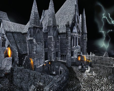 an old ps_game_screenshot of a dark gothic castle, exterior, storming with lightning, immersive, birds eye view <lora:epiNoiseoffset_v2:1>