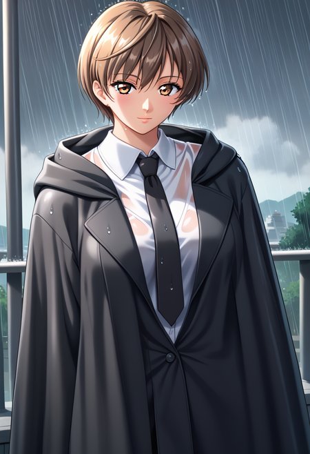 score_9, score_8_up, score_7_up, BREAK maedan, 1girl, short hair,brown hair,brown eyes,black cloak,white shirt,black necktie,Tokyo,nowadays,grey sky,rainy,wet clothes,hood,cowboy shot,looking at viewer,<lora:Maeda:1>