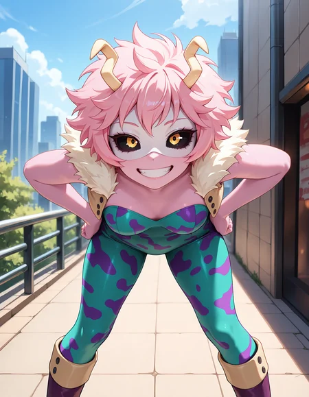 <lora:Mina Ashido Illu:1>1girl, solo,
<lora:Mina Ashido Illu:1>
1girl, solo,
m1na, pink hair, short hair, horns, pink skin, black sclera, yellow eyes,
her0, multicolored bodysuit, strapless bodysuit, green bodysuit, purple bodysuit, camouflage print, cropped jacket, sleeveless, open jacket, fur jacket trim, boots, domino mask,
standing, hands on hips, legs apart, leaning forward,
grin, narrowed eyes, looking at viewer,
feet out of frame, straight-on,
outdoors, cityscape, 
 <lora:CFG Scale Boost:0.7>, masterpiece, best quality