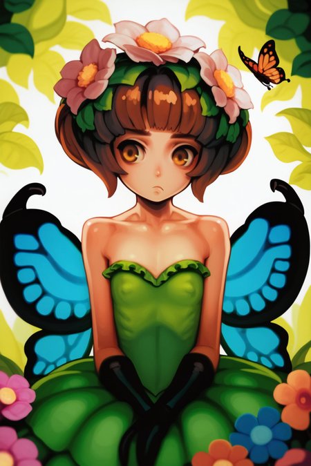 score_9, score_8_up, score_7_up, vani-onm, 1girl, pout, brown hair, fringed bangs, chonmage, golden eyes, Papillon \(monster girl encyclopedia\), antennae, arthropod girl, butterfly girl, butterfly wings, flower, monster girl, flat chest, covered nipples, outdoors, <lora:Vanillaware_all_in_one_PonyXL_style_v02:1>