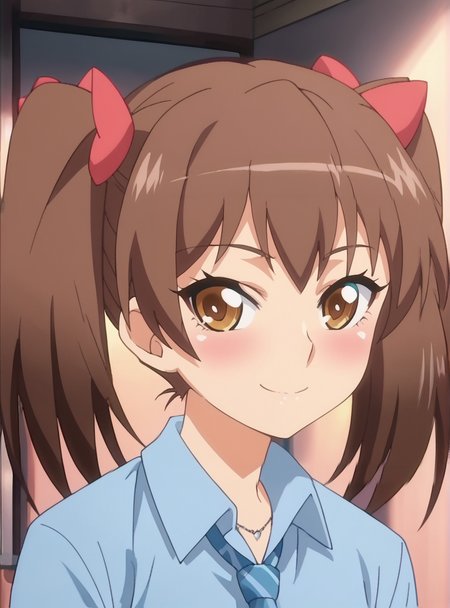 score_9, score_8_up, score_7_up, score_6_up, source_anime, anime screencap  <lora:hanazawa_airi:0.8>hanazawa_airi, 1girl, brown hair, twintails, blush, brown eyes, solo,skirt, blue_shirt  smile, pantyhose, smile,necktie,