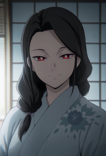 1girl,solo,mm,mature female,black hair,long hair,braid,red eyes,anime coloring,
kimono,upper body, looking at viewer, smile,indoors
,masterpiece,best quality,amazing quality,<lora:Ruka_Rengoku-Kimetsu_no_Yaiba_r2:0.8>