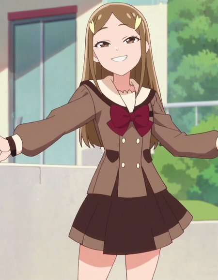 score_9, score_8_up, score_7_up, anime screencap, solo,1girl,kitzunezaki,  smile,brown school uniform, skirt, hair ornament, cowboy shot <lora:kitsunezaki:0.8>