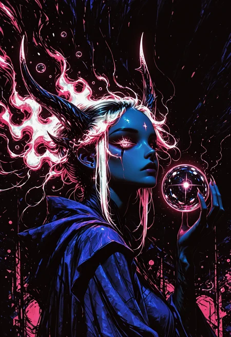 1girl, solo, demon girl, solo, purple robe, black hair, white hair, multicolored hair, glowing hair, looking at the viewer, heterochromia eyes, white eye, neon color palette, holding orb, floating orb, eerie, dynamic lighting, shadows, dynamic angle, from side, portrait, abstract background, 
<lora:DRKWB:0.4> <lora:SketchStyle:0.8> Jedsk5tch, sketch,  <lora:skzW0rld-IXL:1> skzW0rld