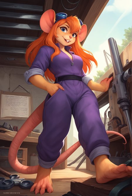 score_9, score_8_up, score_7_up, score_6_up, score_5_up, score_4_up,  <lora:oouna_style_ponyxl_v1.2_locon:1> oounastyle, english text, character name, workshop, machinery,
1girl, furry, solo, looking at viewer, gadget hackwrench, purple jumpsuit, orange hair, long hair, mouse tail, goggles on head, barefoot, low angle,  buck teeth,
